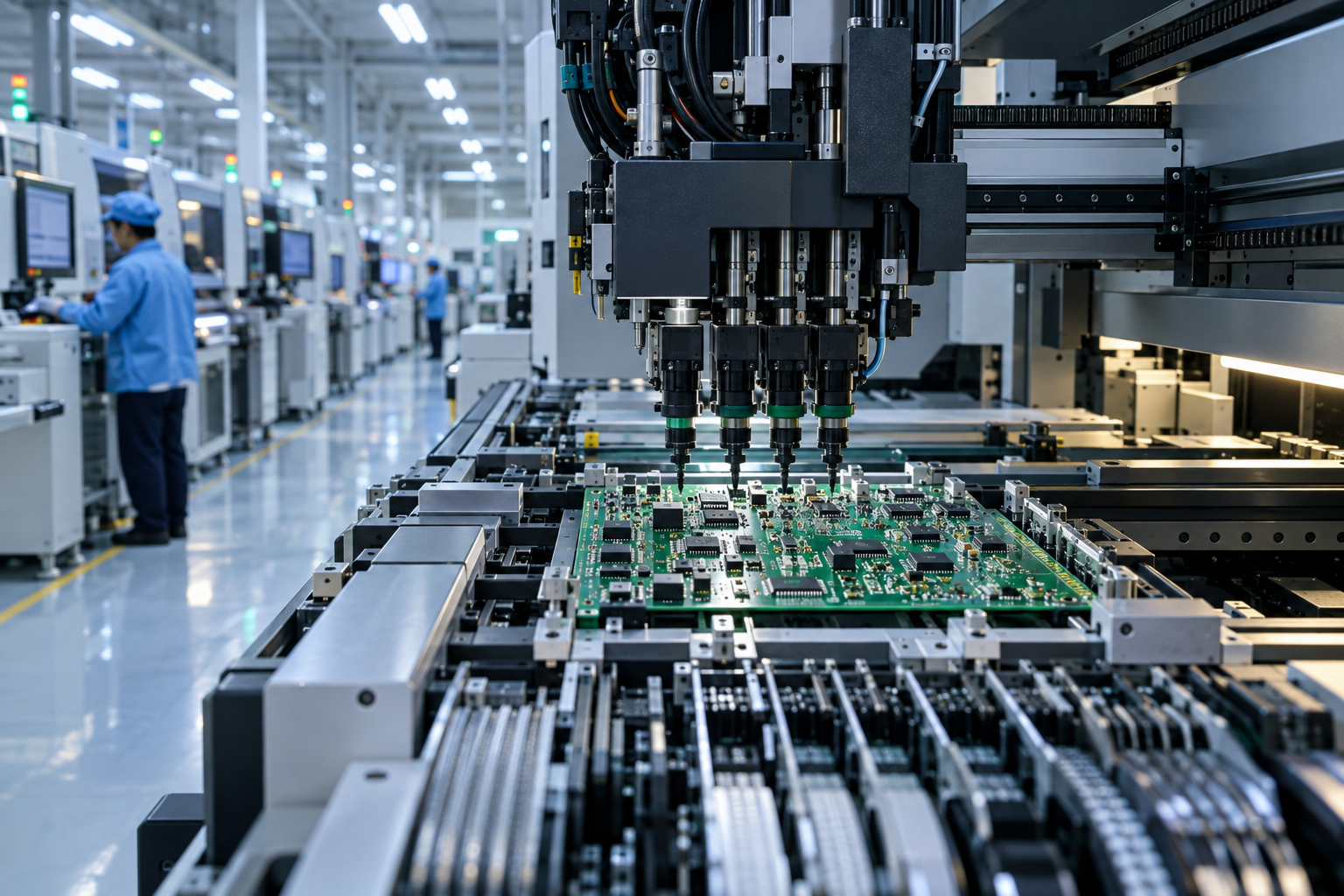 Illustrative automated electronics assembly line with a green circuit board and precision placement equipment.
