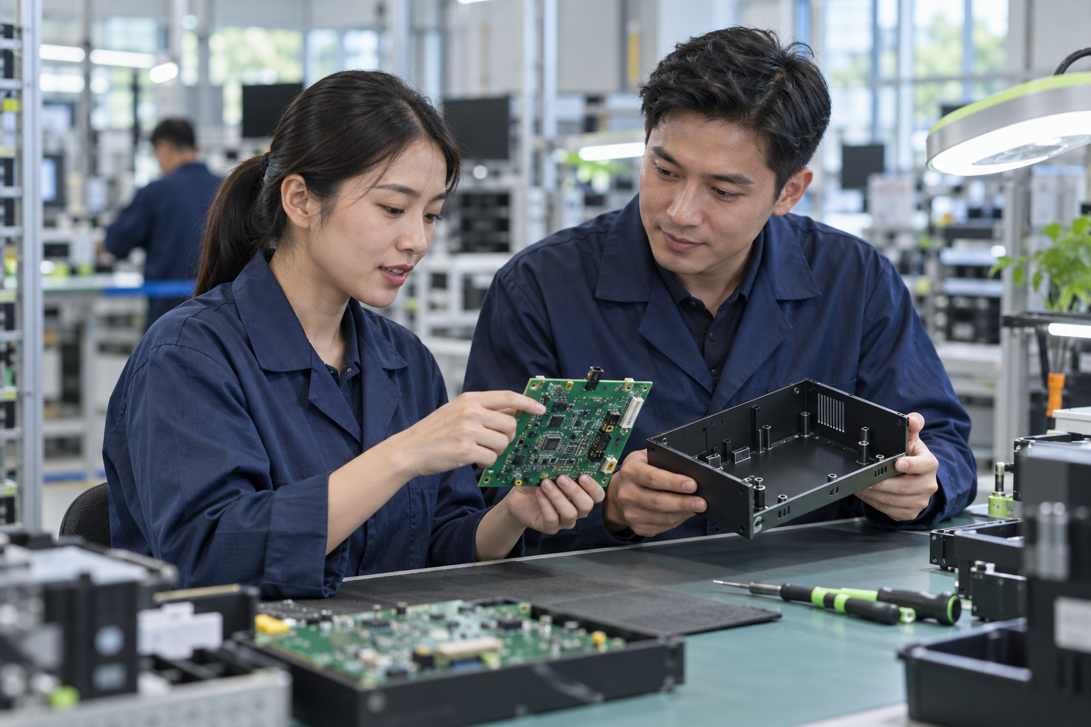 Illustrative engineers reviewing a circuit board and enclosure prototype at an electronics workbench.