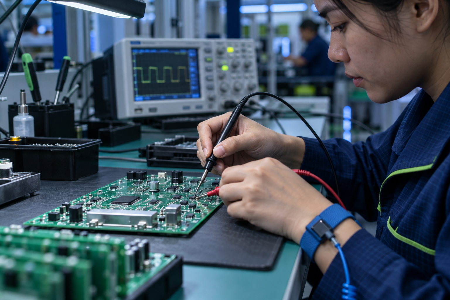 Illustrative technician checking a circuit board with electronic test equipment at an ESD workbench.